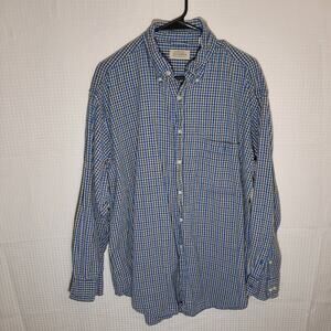St John’s Bay L Blue Yellow Plaid Shirt Textured Cotton Button Down Long Sleeve